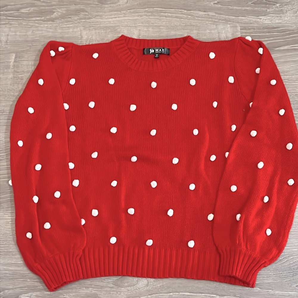 Ye Mak Sweater-Red with White poofs